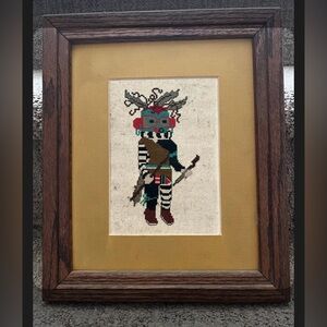 Vintage Framed Native American Kachina Needlepoint Navajo Style 12” x 10”